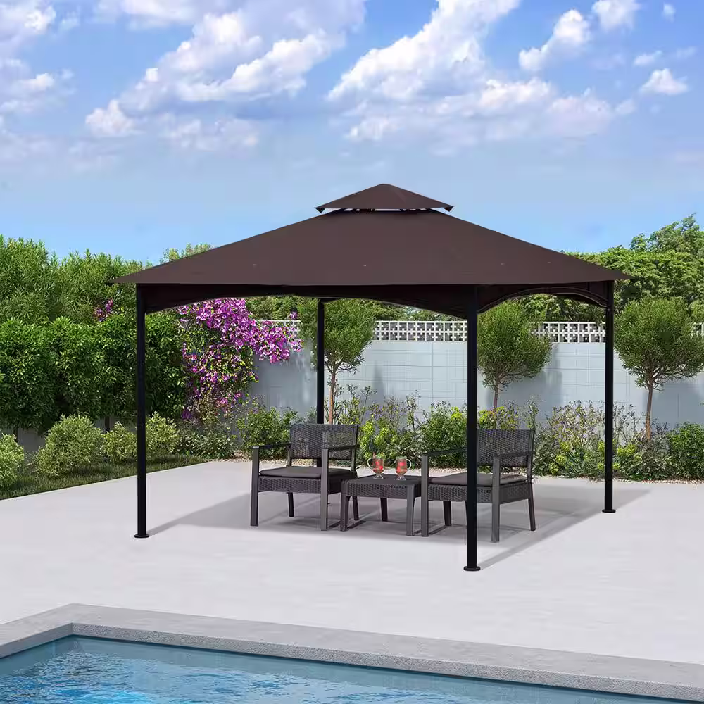 None 11 ft. x 11 ft. Brown Outdoor Patio Steel Gazebo Canopy with Double Roof