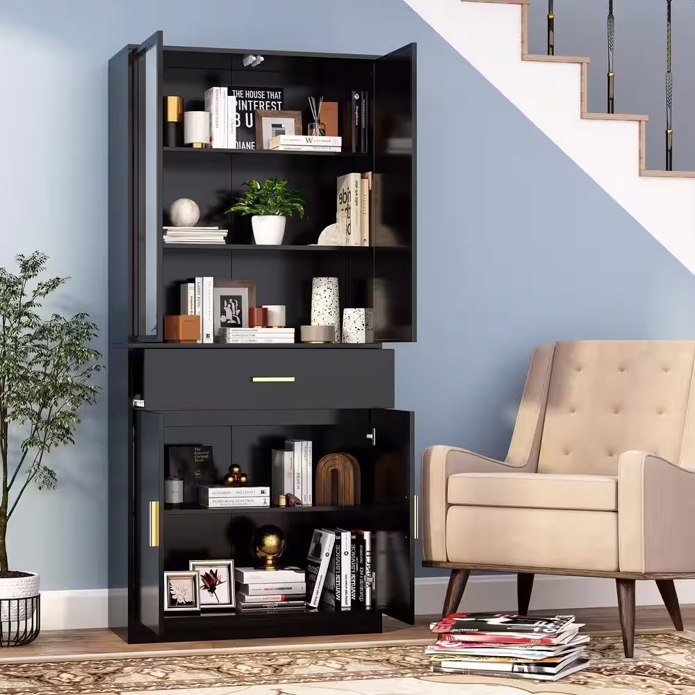 None Black Glass Doors Wood Storage Cabinet with Open Shelves, Drawer and 2-Door Cabinet
