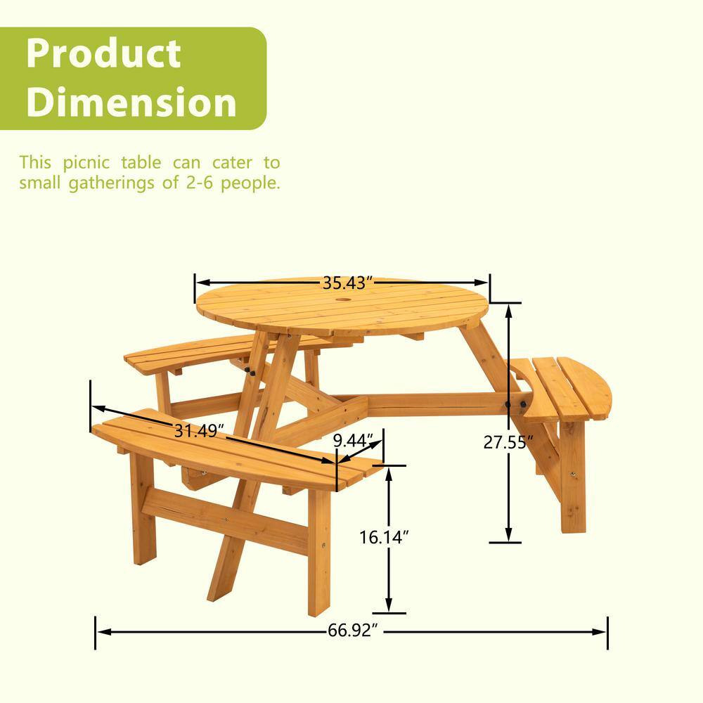 None 6-Person Circular Outdoor Wooden Picnic Table for Patio, Backyard, Garden, DIY w/3 Built-in Benches, 500 lbs. Capacity