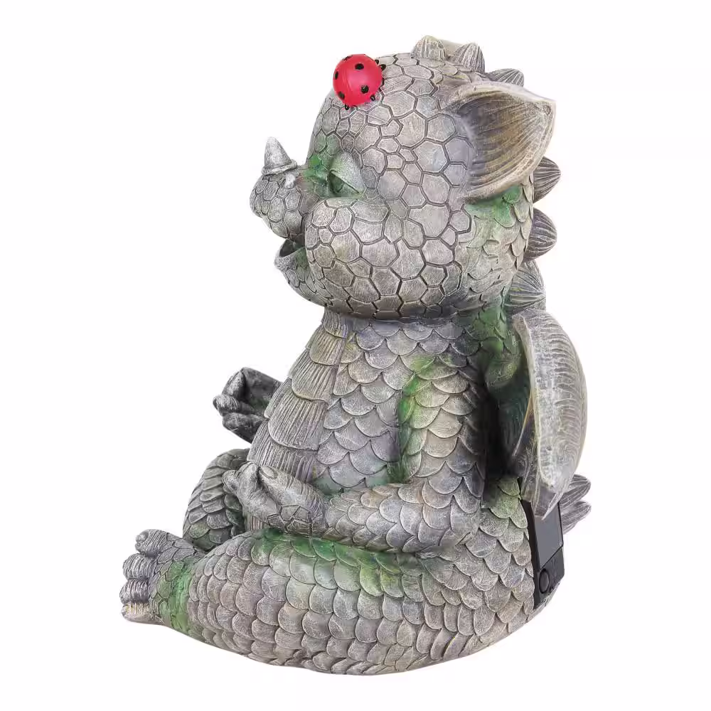 Exhart Solar Dragon with LED Lady Bug, 11 in. x 10 in. Garden Statue