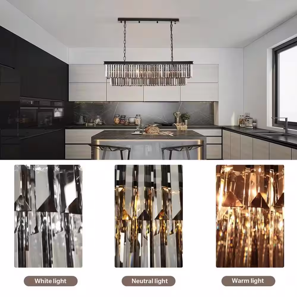 SILJOY 47in 8-Light Modern Crystal Kitchen Chindelier Black Linear Farmhouse Island Kitchen Pendant Light
