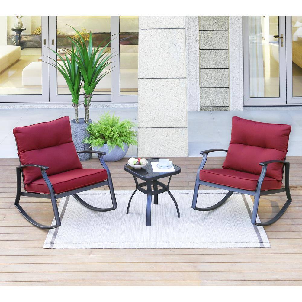 None 3-Piece Metal Outdoor Bistro Set Chairs and table with Burgundy Cushion