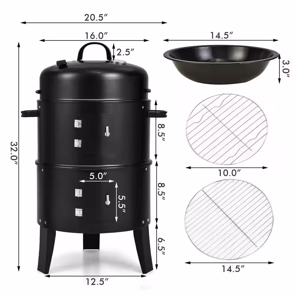 Costway 3-in-1 Portable Round Charcoal Smoker Vertical BBQ Grill in Black with Built-in Thermometer