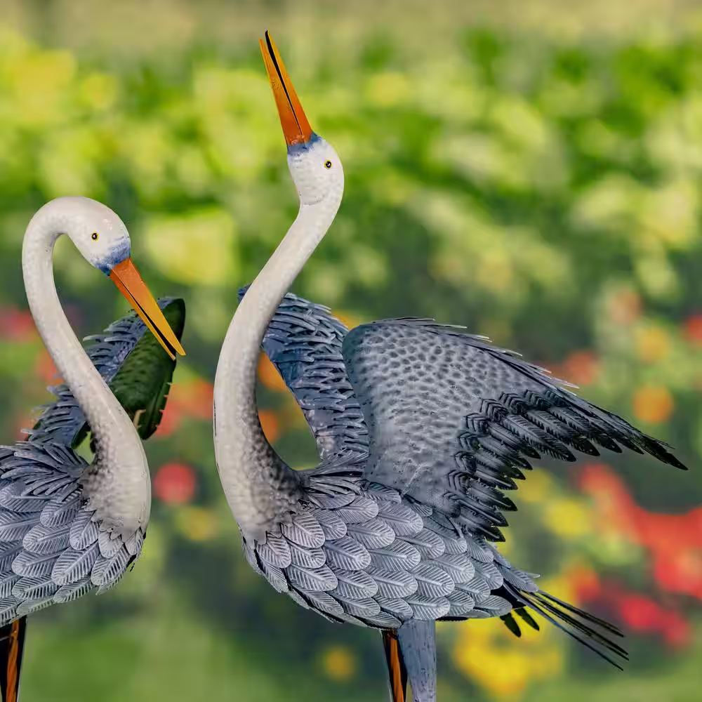 None 51 in. Tall Blue-Grey Heron Metal Garden Figurines (Set of 2)