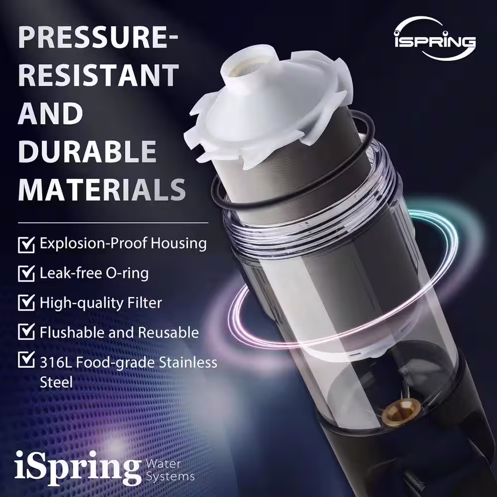 ISPRING Spin-Down Sediment Whole House Water Filter with Bypass, Reusable, Touch-Screen Auto Flushing Module in Black