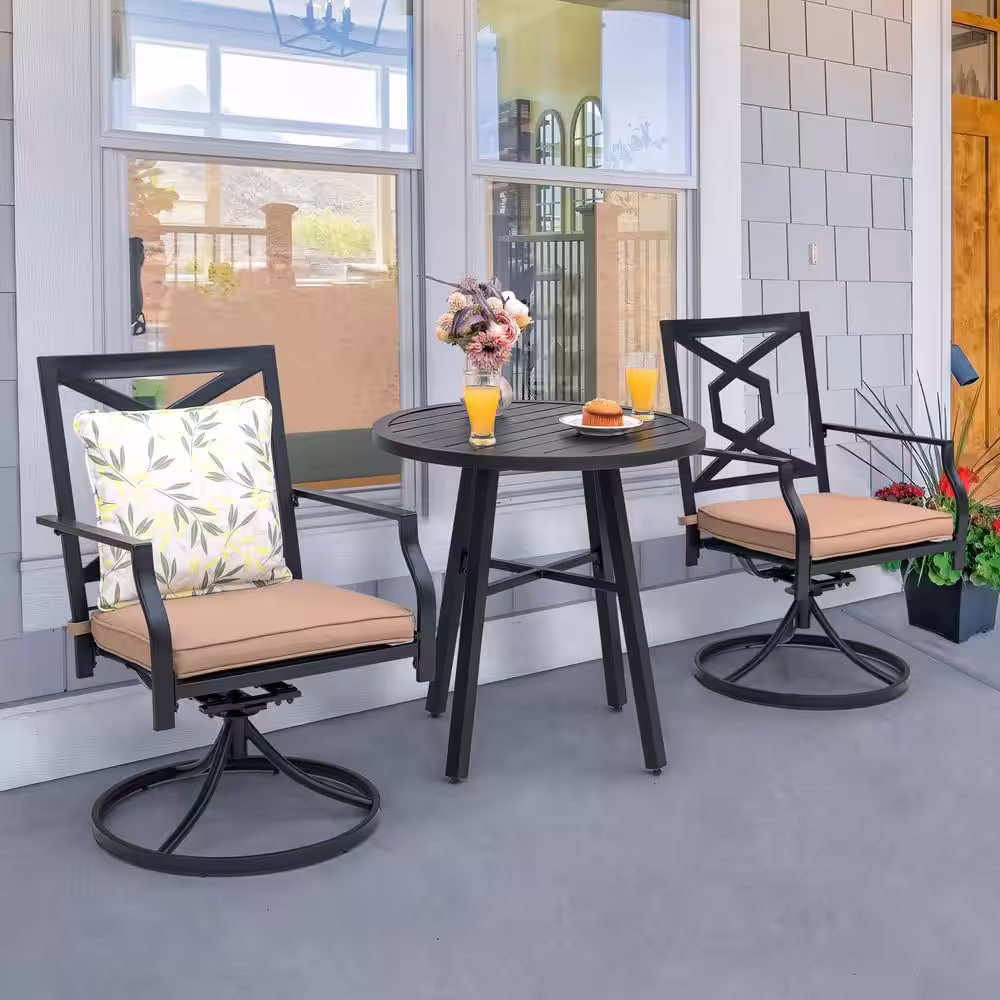 Nuu Garden 3-Piece Swivel Metal Outdoor Bistro Set Patio Furniture Balcony Porch Chair with Beige Cushions