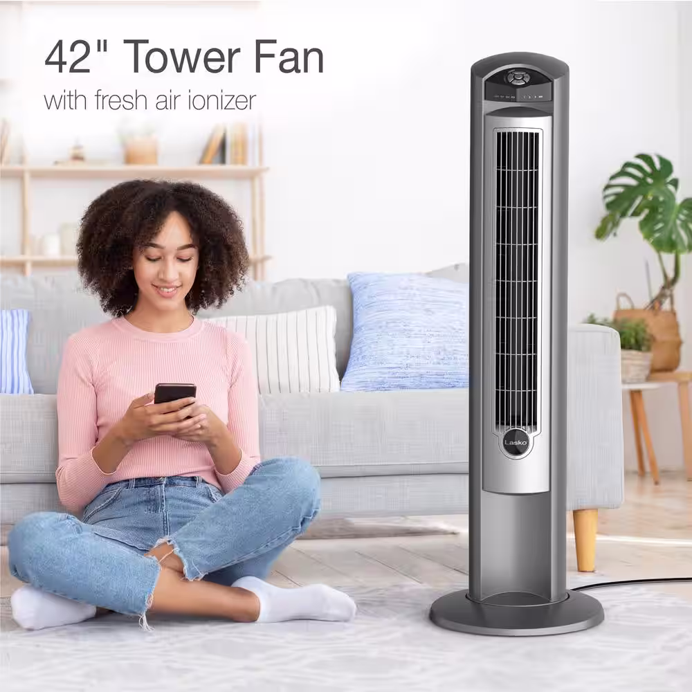 Lasko Wind Curve 42 in. 3-Speed Oscillating Platinum Tower Fan with Fresh Air Ionizer and Remote Control