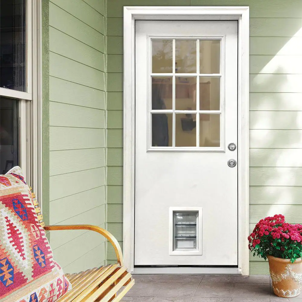 Steves & Sons 31-3/4 in. x 79 in. Reliant Series Clear 9-Lite White Primed Fiberglass Front Door Slab with Medium Pet Door