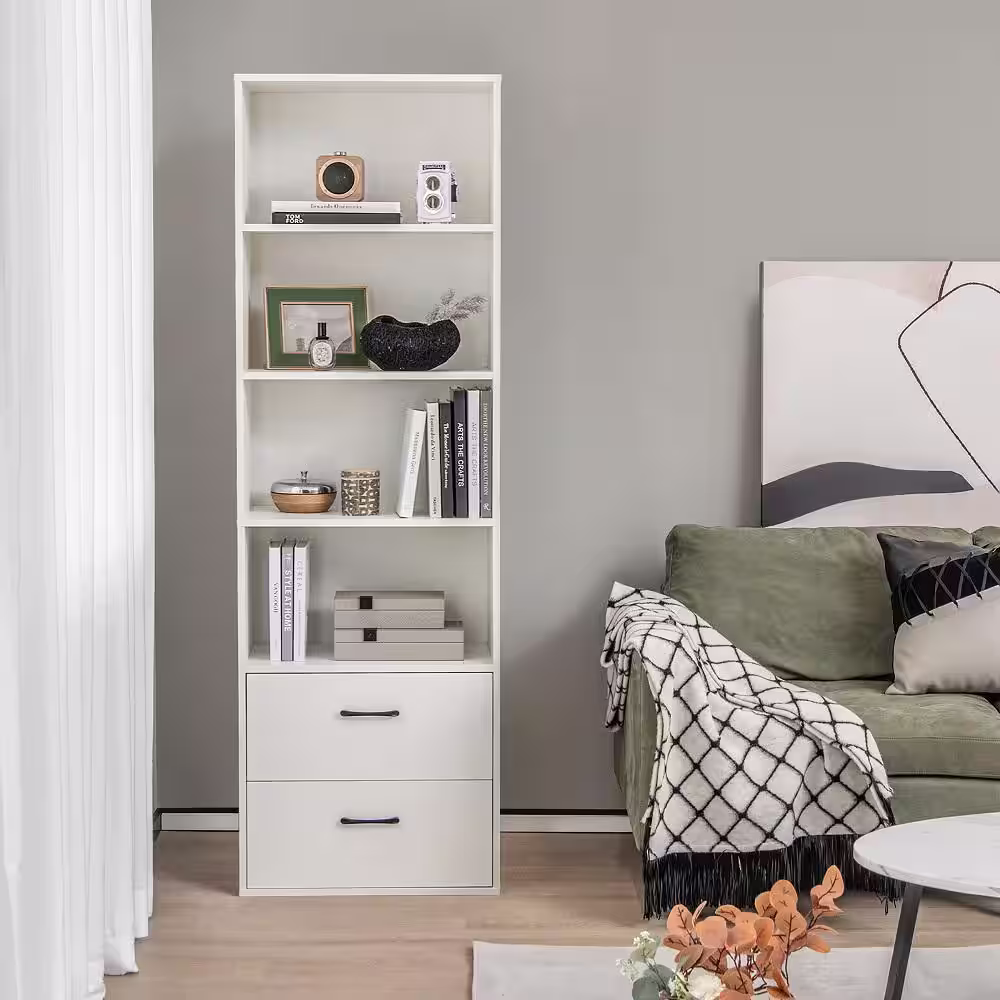 Costway 74 in. Wide White 6-Tier Tall Bookshelf Freestanding Modern Bookcase Black Storage Cabinet