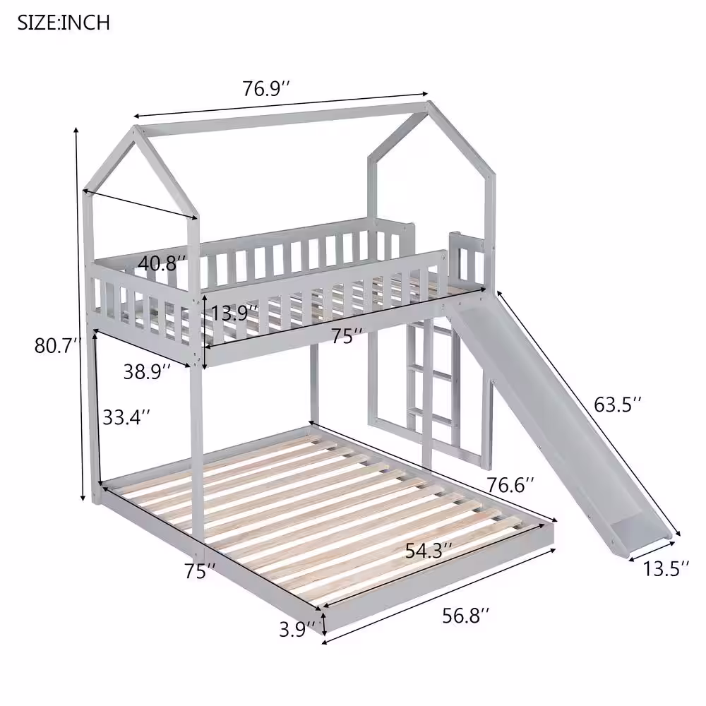 Harper & Bright Designs Gray Twin over Full Wood House Bunk Bed with Built-in Ladder and Slide
