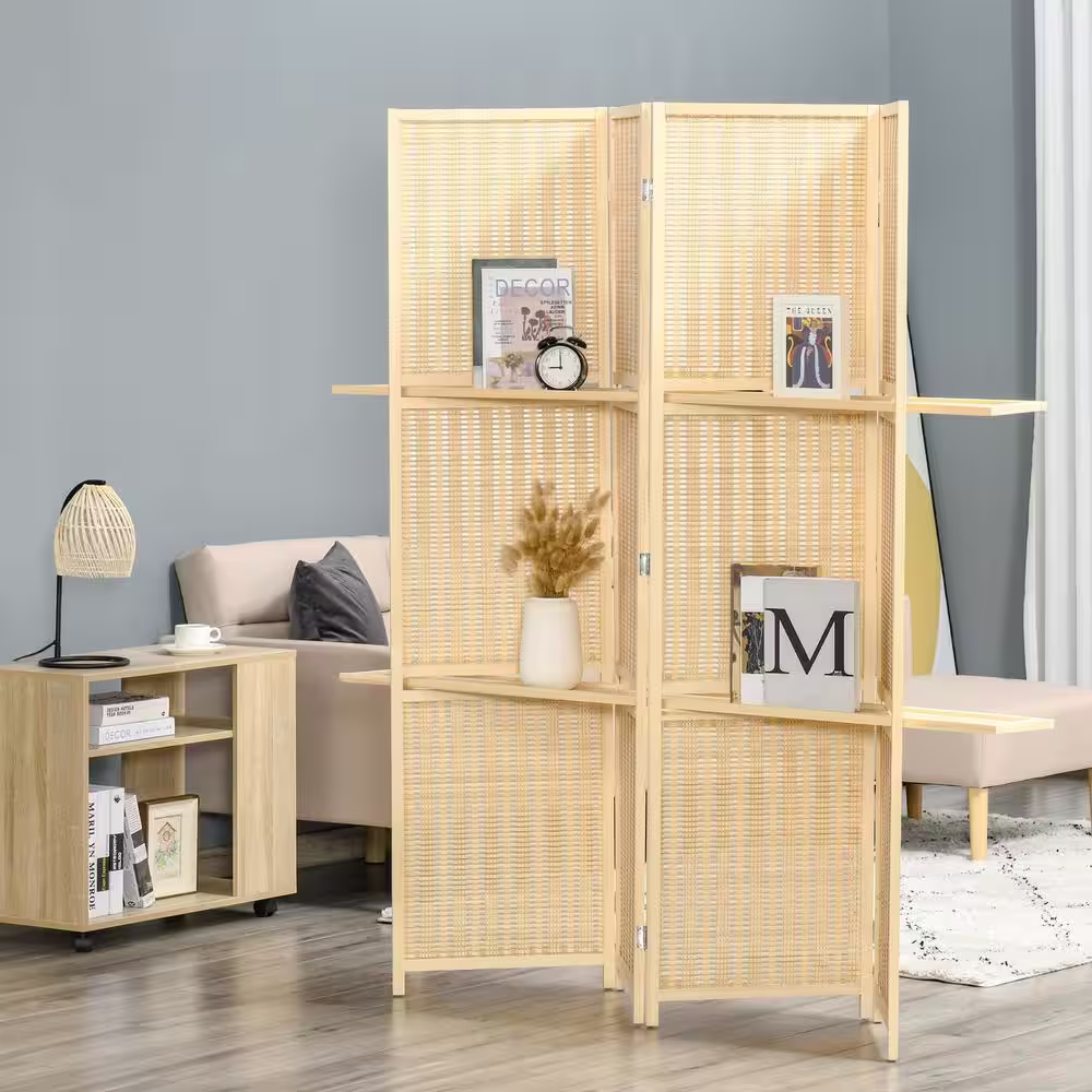 HOMCOM 6 ft. Tall Natural 4-Panel Bamboo Room Divider, Folding Privacy Screen Panels with 2-Shelves for Indoor Bedroom Office