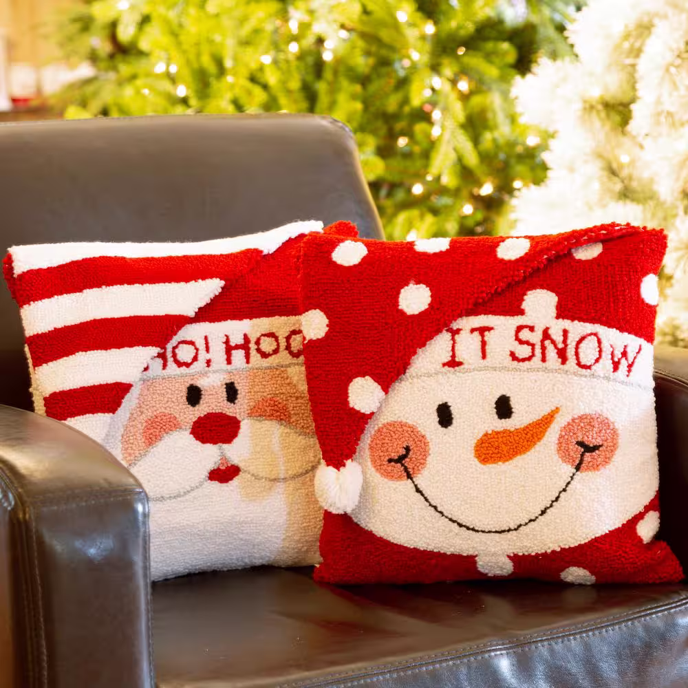 Glitzhome 14 in. H Christmas Hooked 3D Santa and Snowman Pillow (Set of 2)