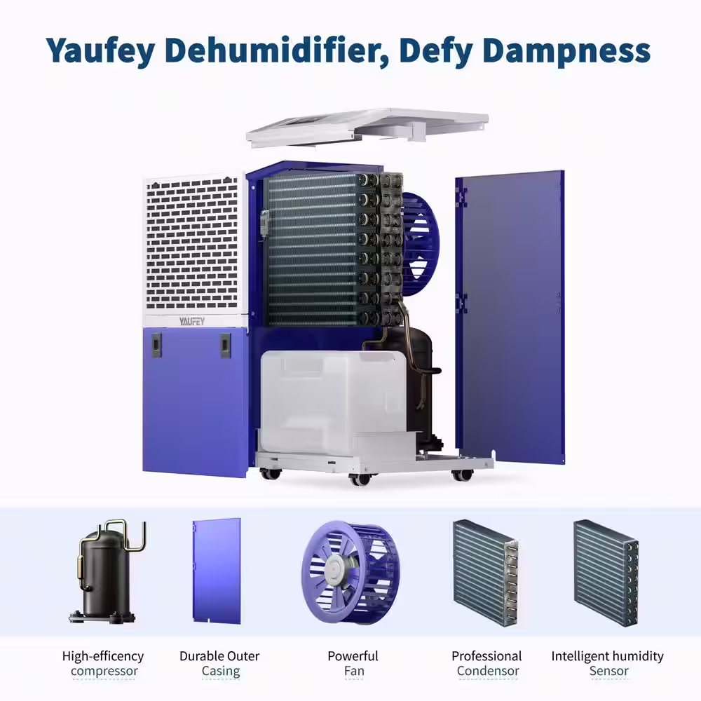 Yaufey 155-Pint Large Smart Commercial Dehumidifier For Spaces Up To 7,500 sq. ft. with Water Tank and Reusable Air Filter Blue