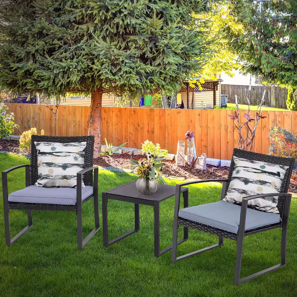 Pyramid Home Decor Lunar Outdoor 3-Piece Bistro Set Black Wicker Furniture-2 Chairs with Glass Coffee Table-Gray