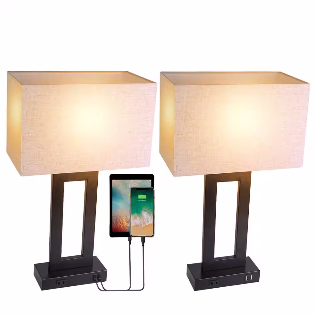 Etokfoks 21.26 in. Beige Touch Control Cool White Light Dimmable Table Lamps With USB AC Output Ports (Set of 2)