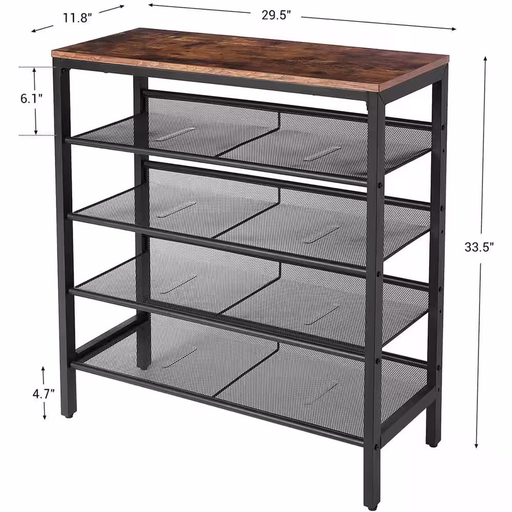 Kahomvis 33.5 in. H 12-Pair Rustic Brown Wood Shoe Rack with 5-Storage Shelves and Metal Frame