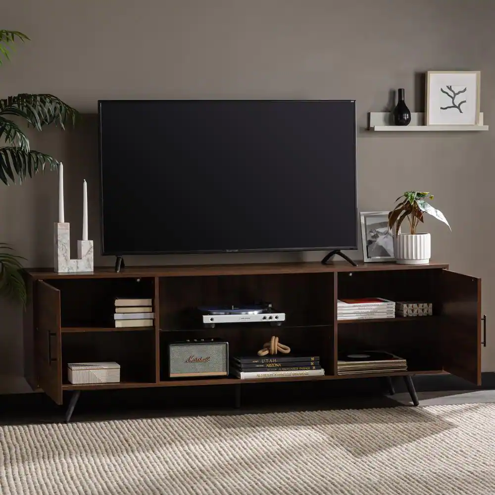 Walker Edison Furniture Company 70 in. Dark Walnut Composite TV Stand 75 in. with Doors