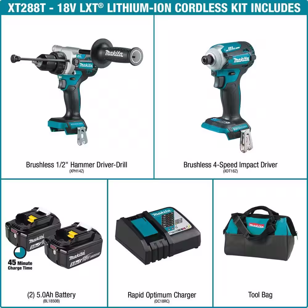 Makita 18V LXT Lithium-Ion Brushless Cordless Combo Kit 5.0 Ah (2-Pc) with bonus 3/8 in./1/4 in. 18V LXT Square Drive Ratchet