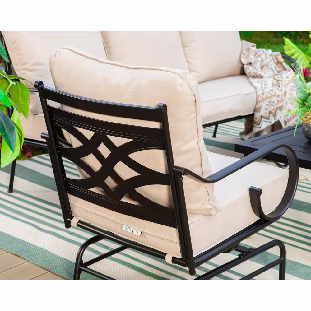 None Black 6-Piece Metal 7 Seat Steel Outdoor Patio Conversation Set with Beige Cushions, Table with Stripe-Shaped Top
