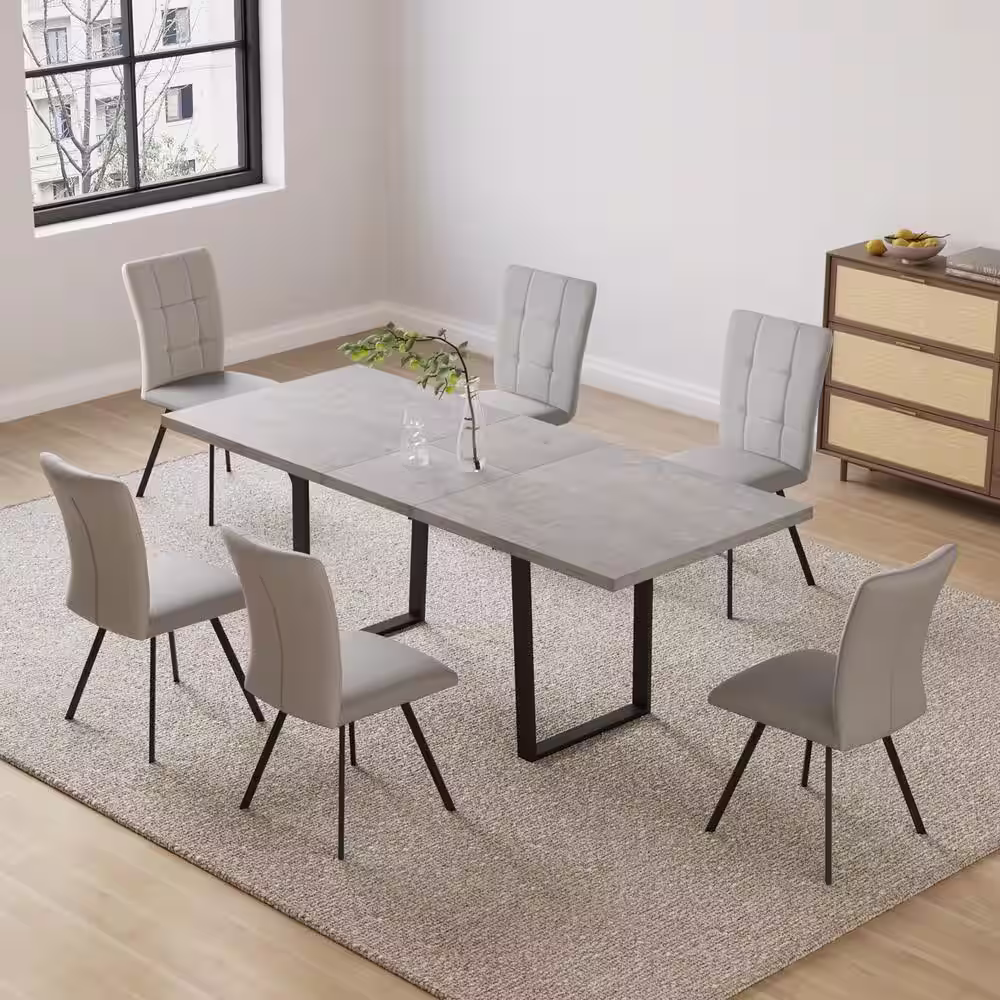 None 7-Piece Extendable Rectangle Dining Table Set MDF Wooden Table with 6-Ligtht Gray Chairs