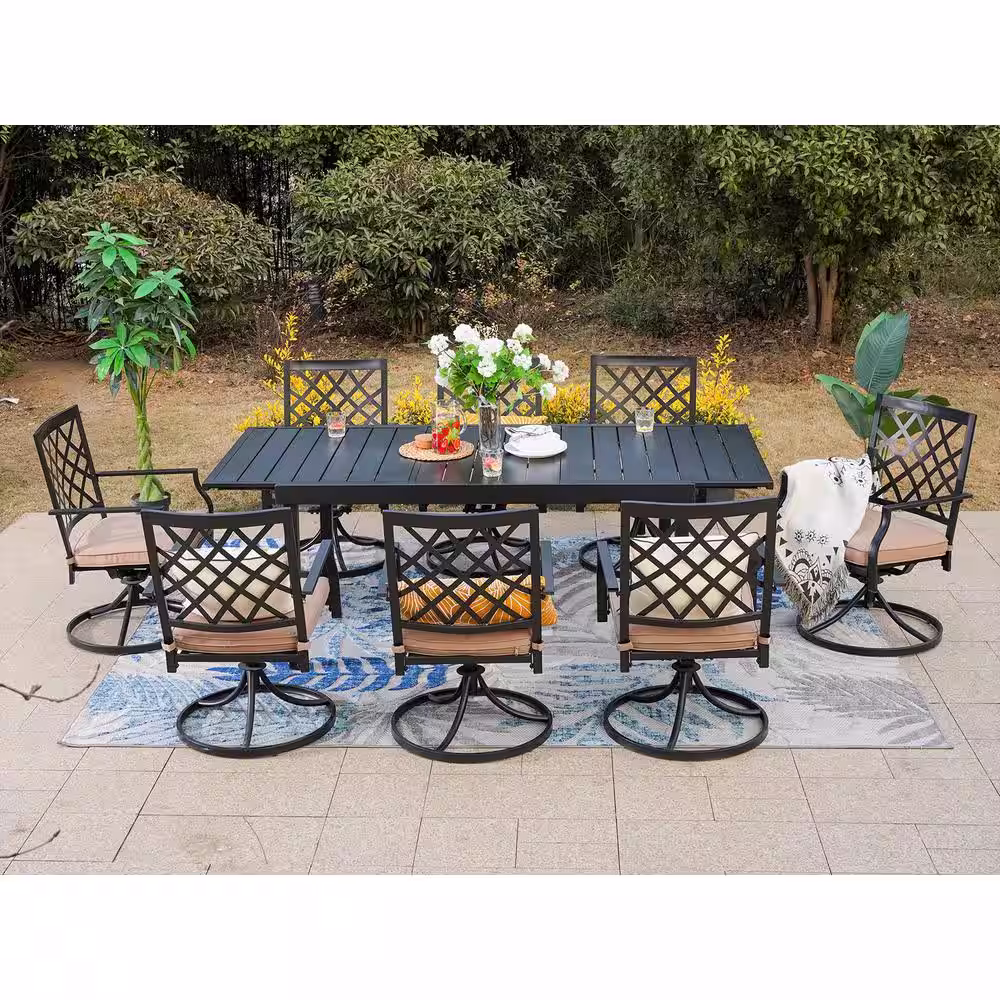None Black 9-Piece Metal Patio Outdoor Dining Set with Expandable Table and Swivel Chairs with Beige Cushions