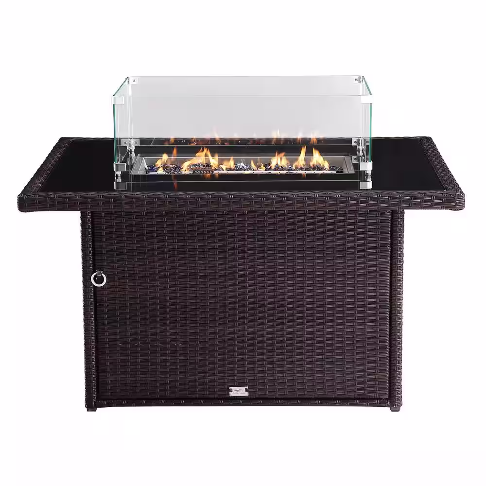 Oakville Furniture Hudson 44 in. x 32 in. Rectangular Outdoor Brown Wicker Aluminum Propane Fire Pit Table in Tempered Glass w/Fire Glass