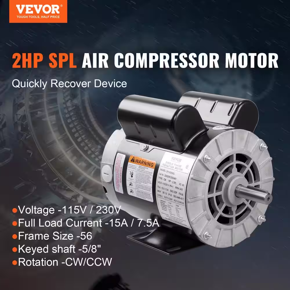 None Air Compressor Motor 2HP SPL 5/8 in. Keyed Shaft Electric Motor Single Phase 115/230V 15/7.5A 56HZ Frame CW/CCW Rotation