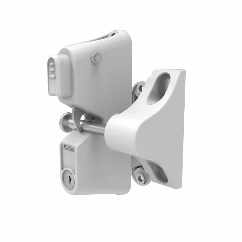 Barrette Outdoor Living 4.687 in. x 5.187 in. Nylon/Stainless Steel White Locking Gravity Latch with 2-Sided Key Entry