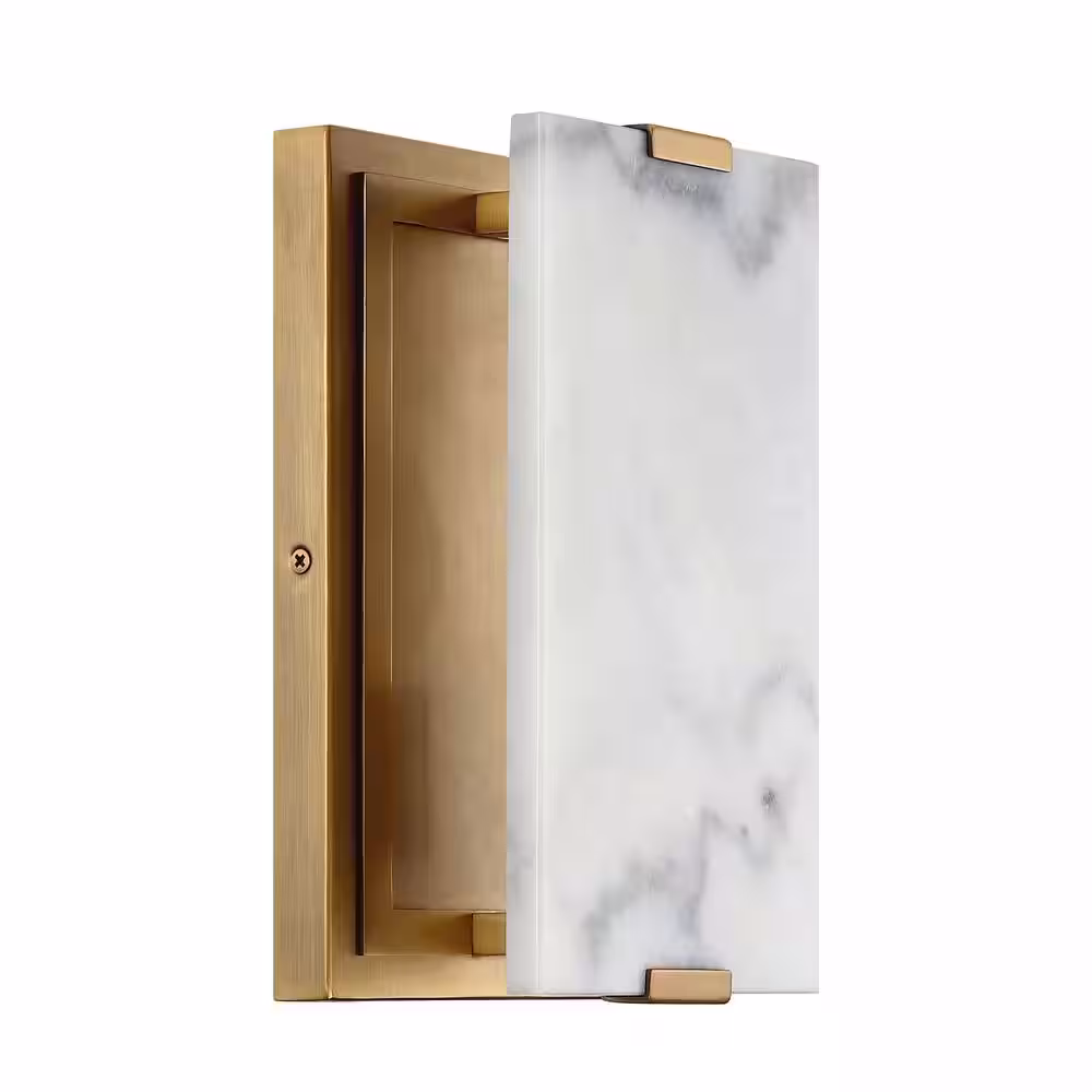 Nathan James Ezra 6 in. W 1-Light Vintaged Brass Wall Sconce with Marble Shade, Minimalist Wall Light for Bedroom or Living Room