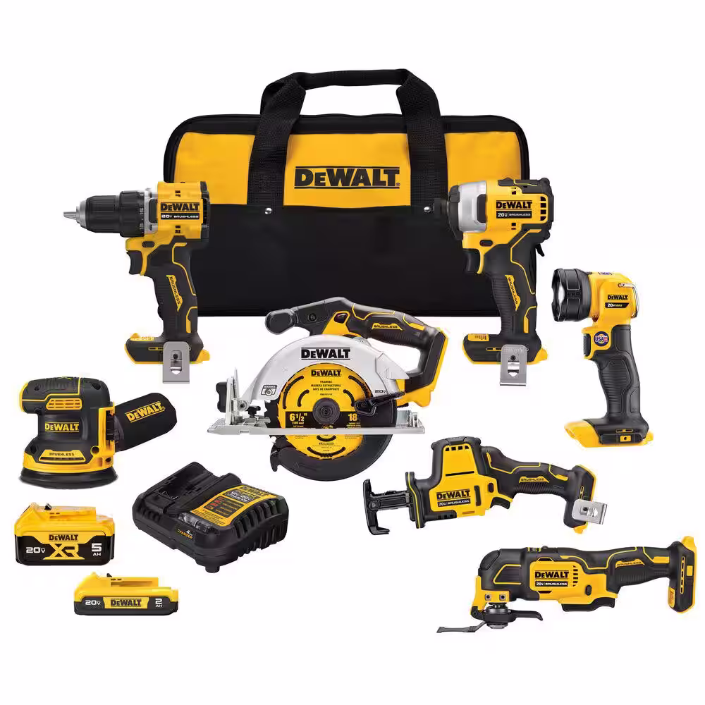 DEWALT 20-Volt MAX Lithium-Ion Cordless 7-Tool Combo Kit with 2.0 Ah Battery, 5.0 Ah Battery and Charger