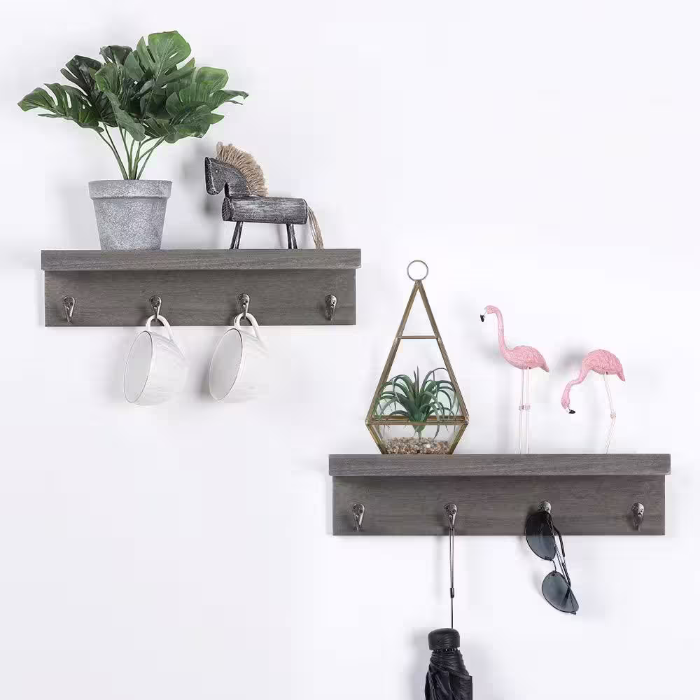 None Rustic Green Wood Coat Rack Wall Mount Shelf with 4-Dual Hooks Hooks (Set of 2)
