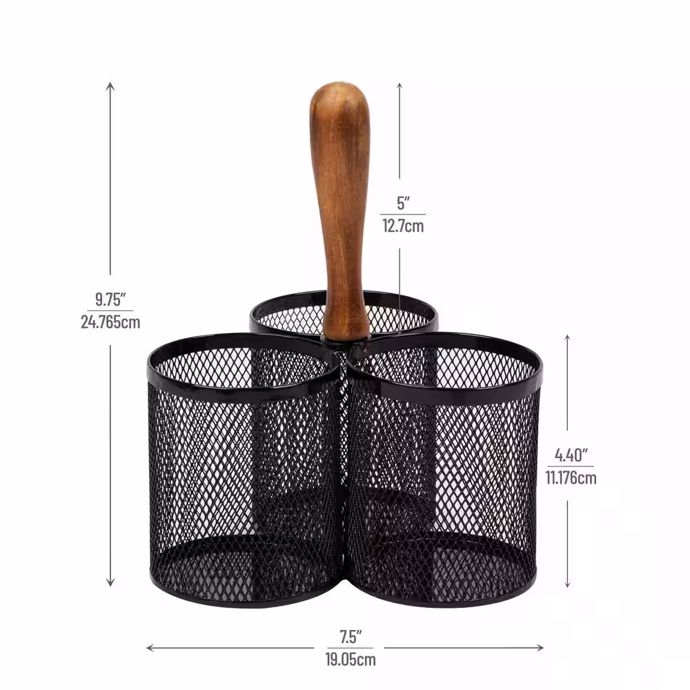 Mind Reader Network Collection, 3-Compartment Utensil Caddy with Wooden Handle, Countertop Organizer, Metal Mesh, Black