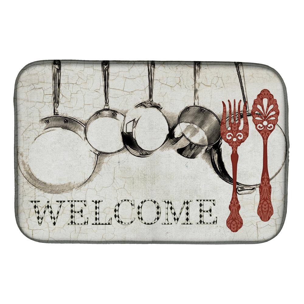Caroline's Treasures 14 in. x 21 in. Multicolor Pots and Pans Welcome Dish Drying Mat