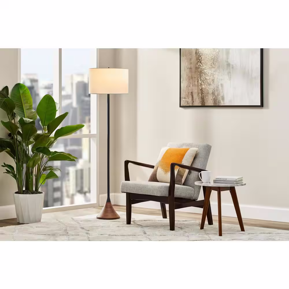 Hampton Bay Falkner 60.25 in. Black and Wood Grain Floor Lamp