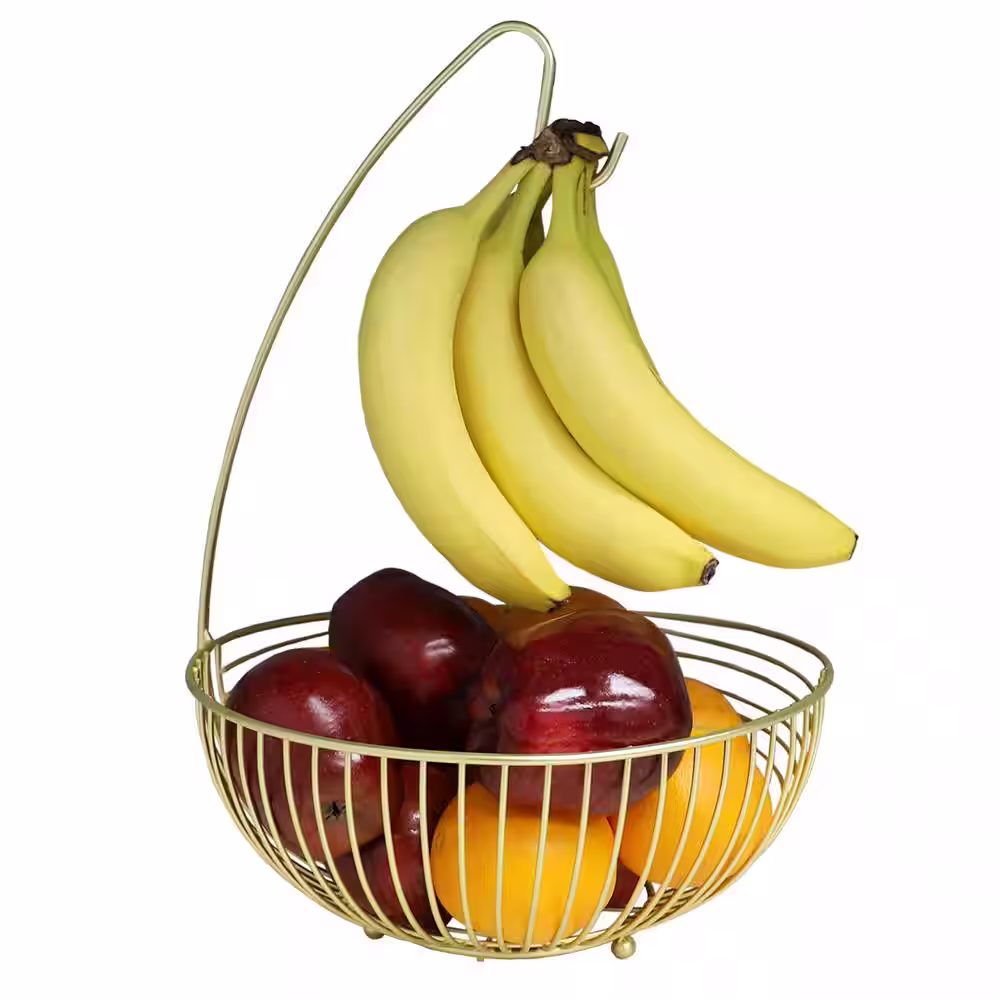 Home Basics Halo Steel Fruit Basket with Banana Hanger, Gold