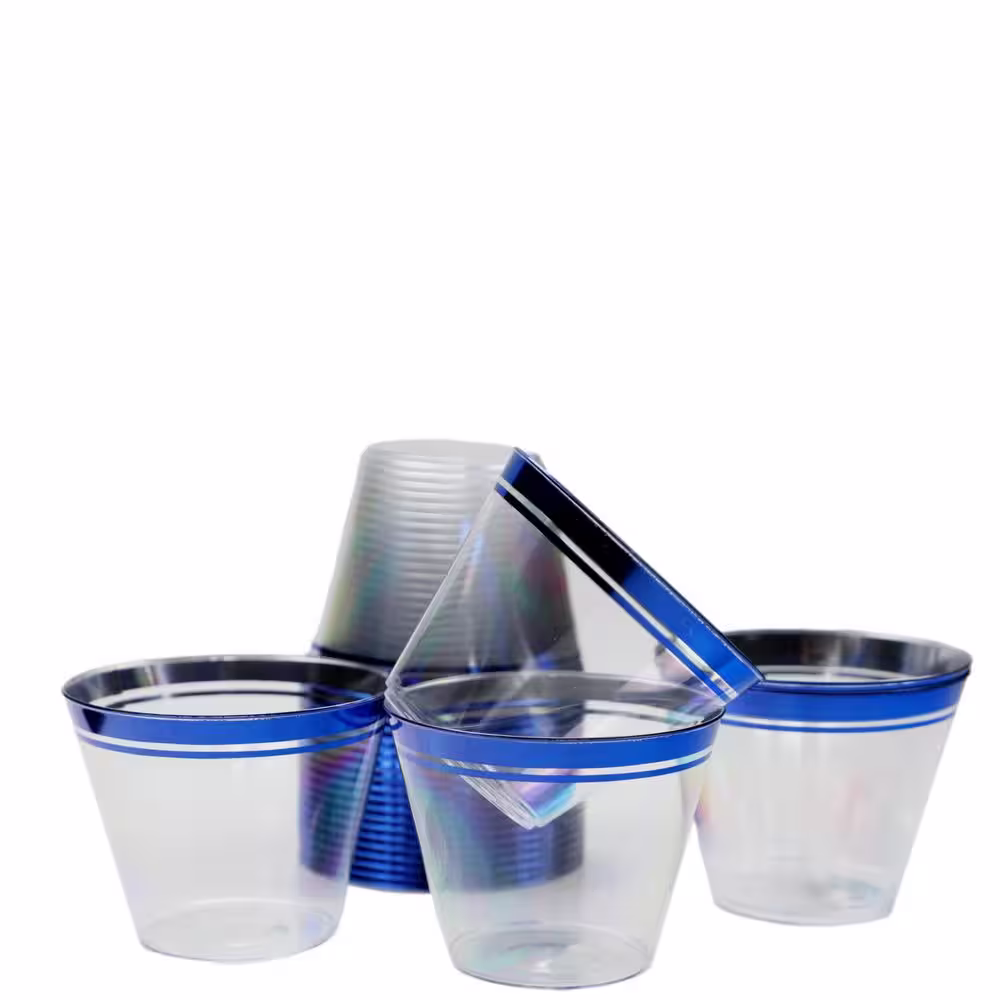 None 9 oz. 2 Line Blue Rim Clear Disposable Plastic Cups, Party, Cold Drinks, (110/Pack)