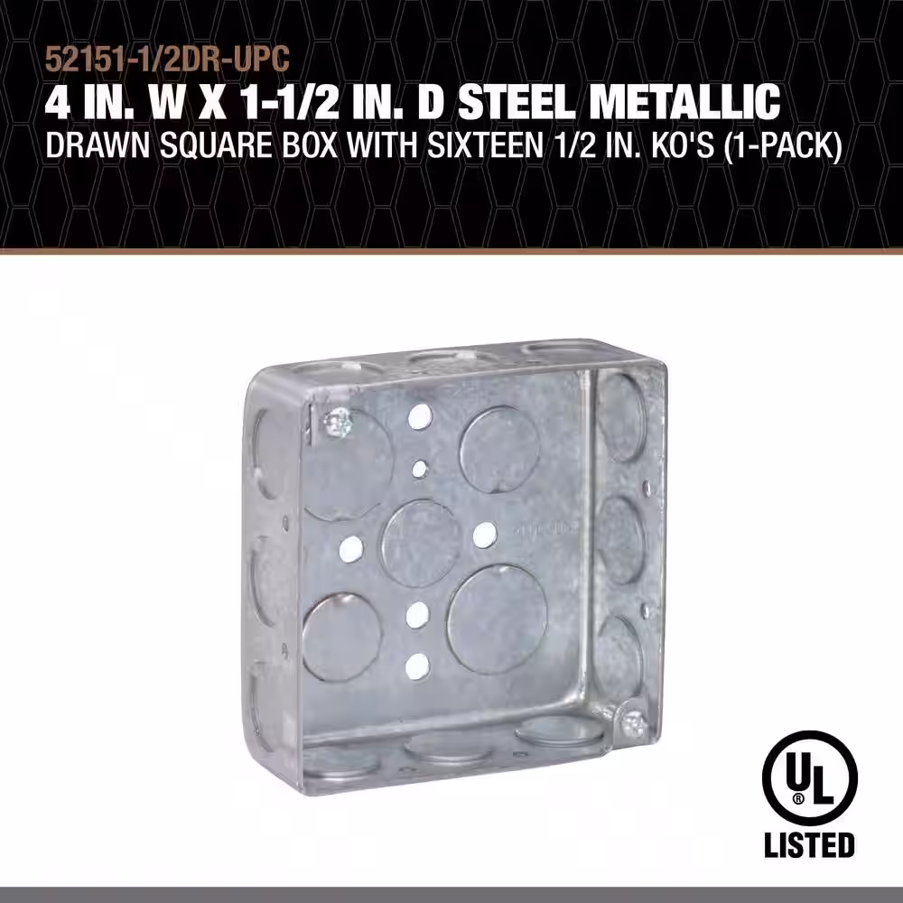 Southwire 4 in. W x 1-1/2 in. D Steel Metallic Drawn Square Box with Sixteen 1/2 in. KO's (1-Pack)