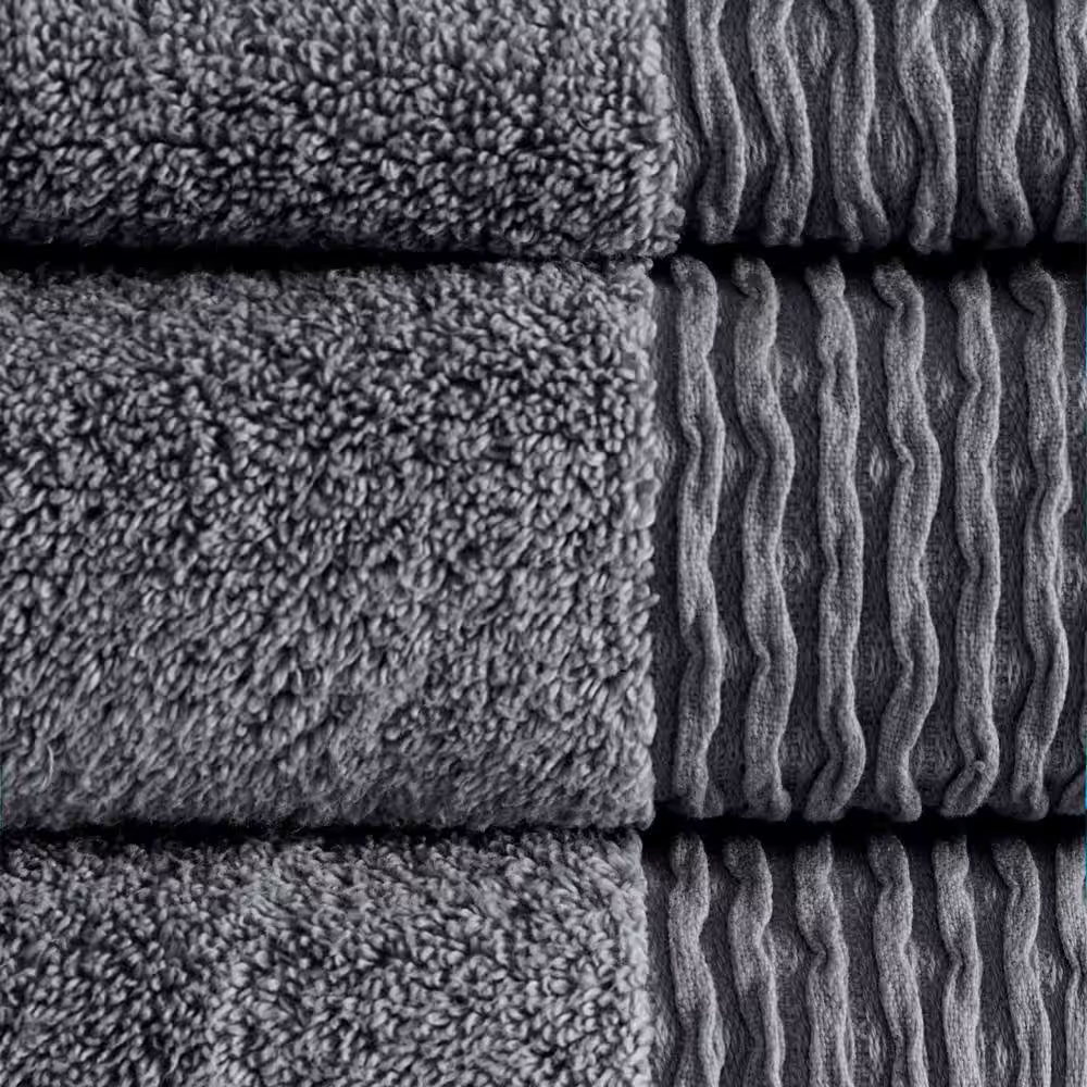 Madison Park Aer 6-Piece Charcoal Cotton Bath Towel Set Jacquard Wavy Border Zero Twist Antimicrobial