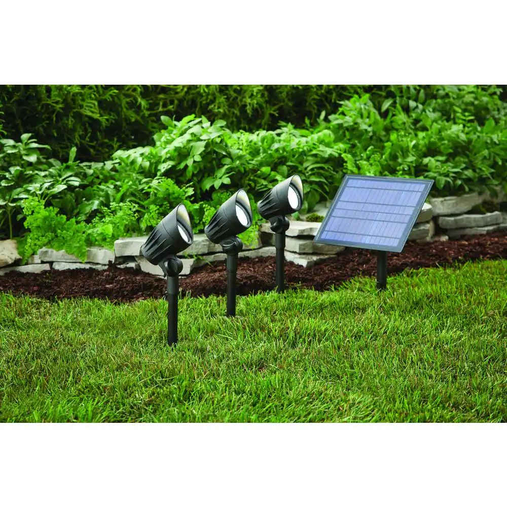 Hampton Bay 75-150 Lumen Black LED High-Low 3-Head Outdoor Solar Metal Spotlight