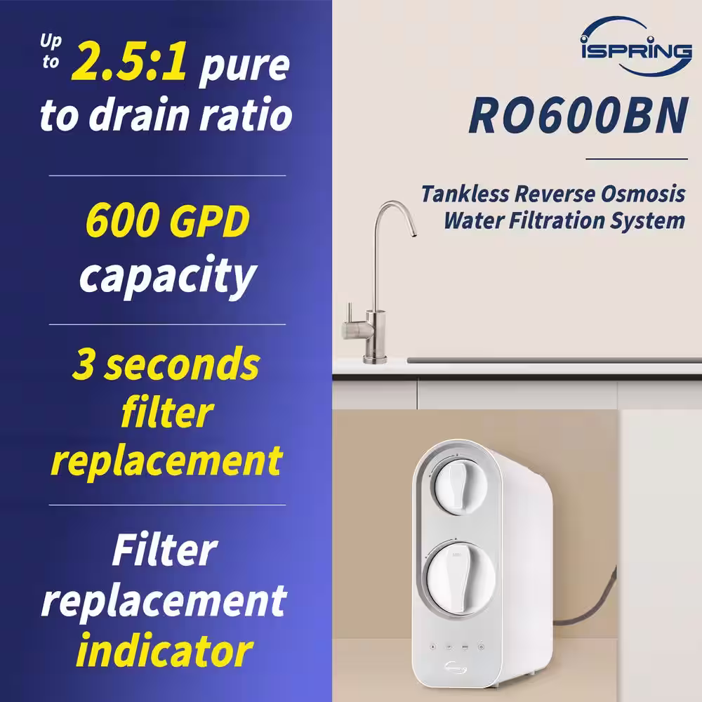 ISPRING Tankless RO Reverse Osmosis Water Filtration System, 600 GPD Fast Flow, Brushed Nickel Faucet, 2.5:1 Pure to Drain Ratio