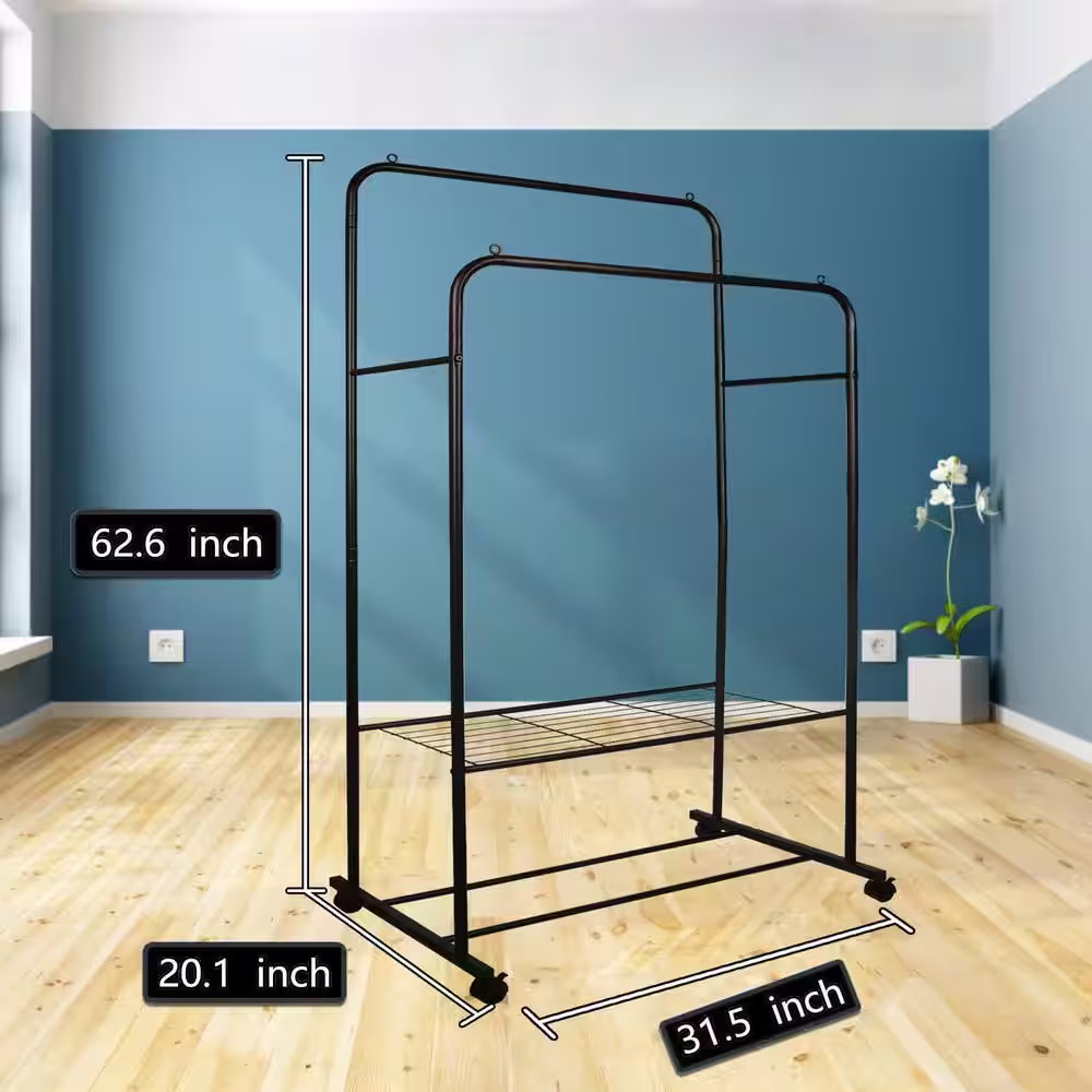 None Black Steel Garment Clothes Rack Double Rods 31.5 in. W x 62.6 in. H