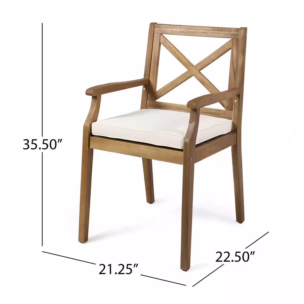 Noble House Juniper Teak Brown 7-Piece Wood Outdoor Dining Set with Cream Cushions