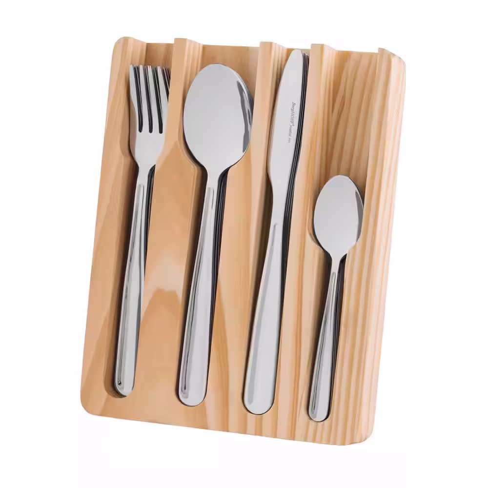 BergHOFF Essentials Sereno 25-Piece 18/0 SS Flatware Set/Wood Drawer Storage Organizer (Service for 6)