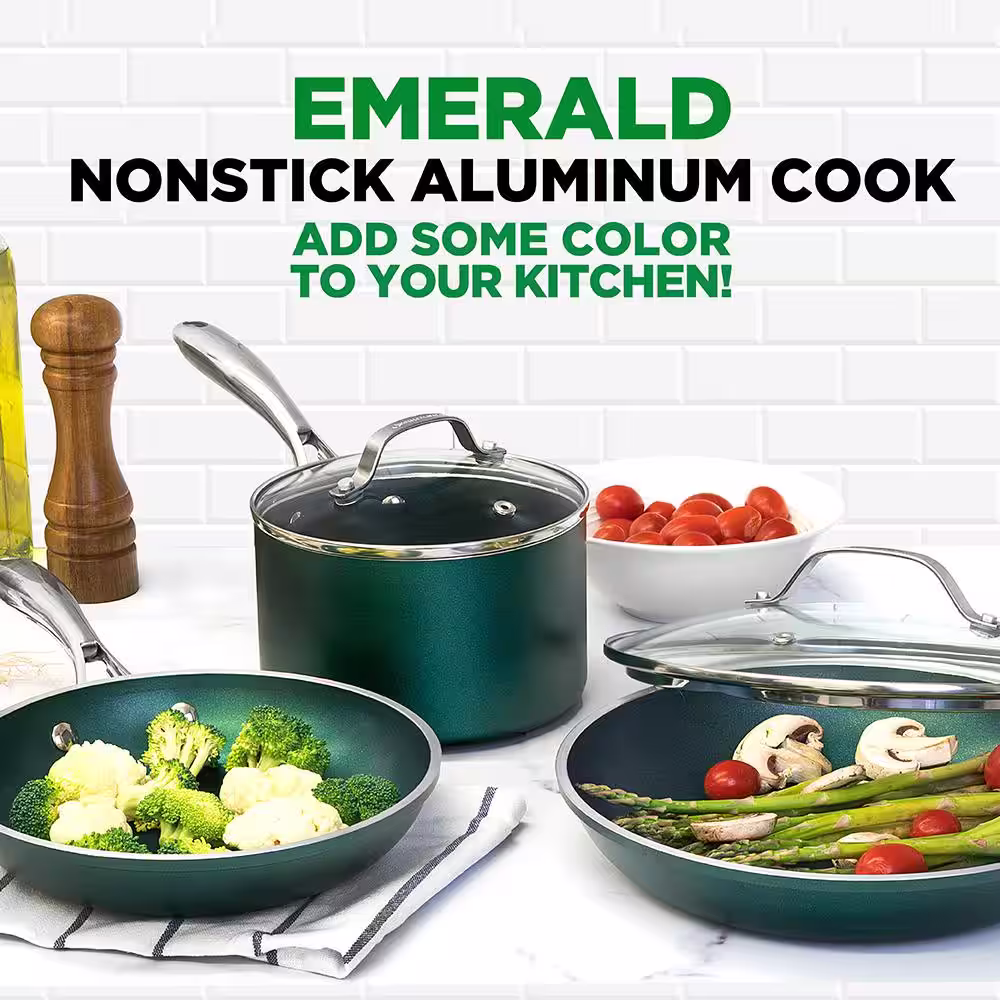 GRANITESTONE Emerald Green 5-Piece Aluminum Ultra-Durable Non-Stick Diamond Infused Cookware Set with Glass Lids