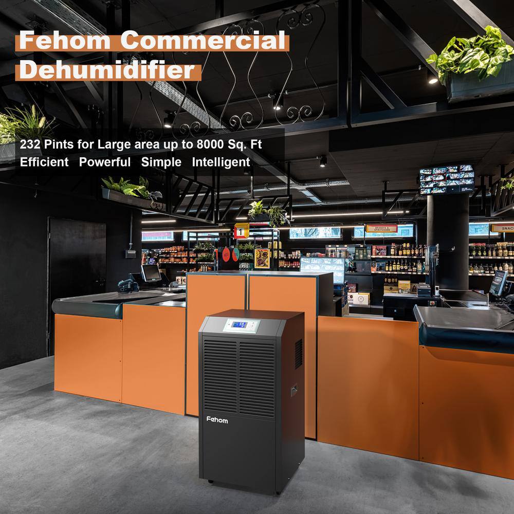 Fehom 232-Pint Industrial Commercial Drumless Dehumidifiers For Large Basements and Workplaces up to 8,000 sq. ft., Black