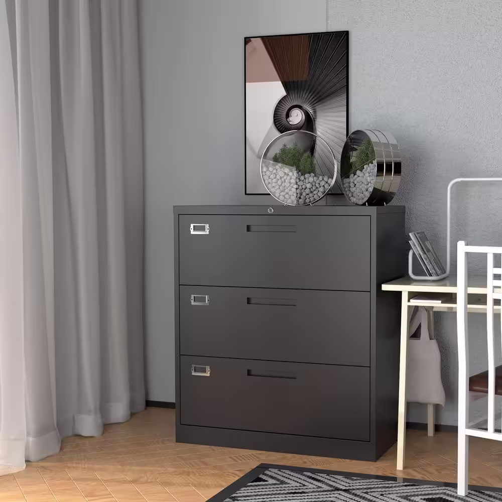None Black File Cabinet 3-Drawer with Lock, Locking Metal Lateral Filing Cabinet for Home Office