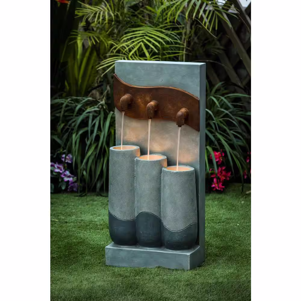 LuxenHome Cement Modern Pots Outdoor Patio Cascade Fountain with LED Light