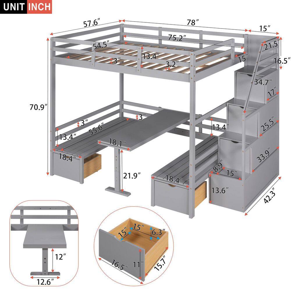 Harper & Bright Designs Convertible Gray Full over Full Size Bunk Bed with Staircase and Drawers