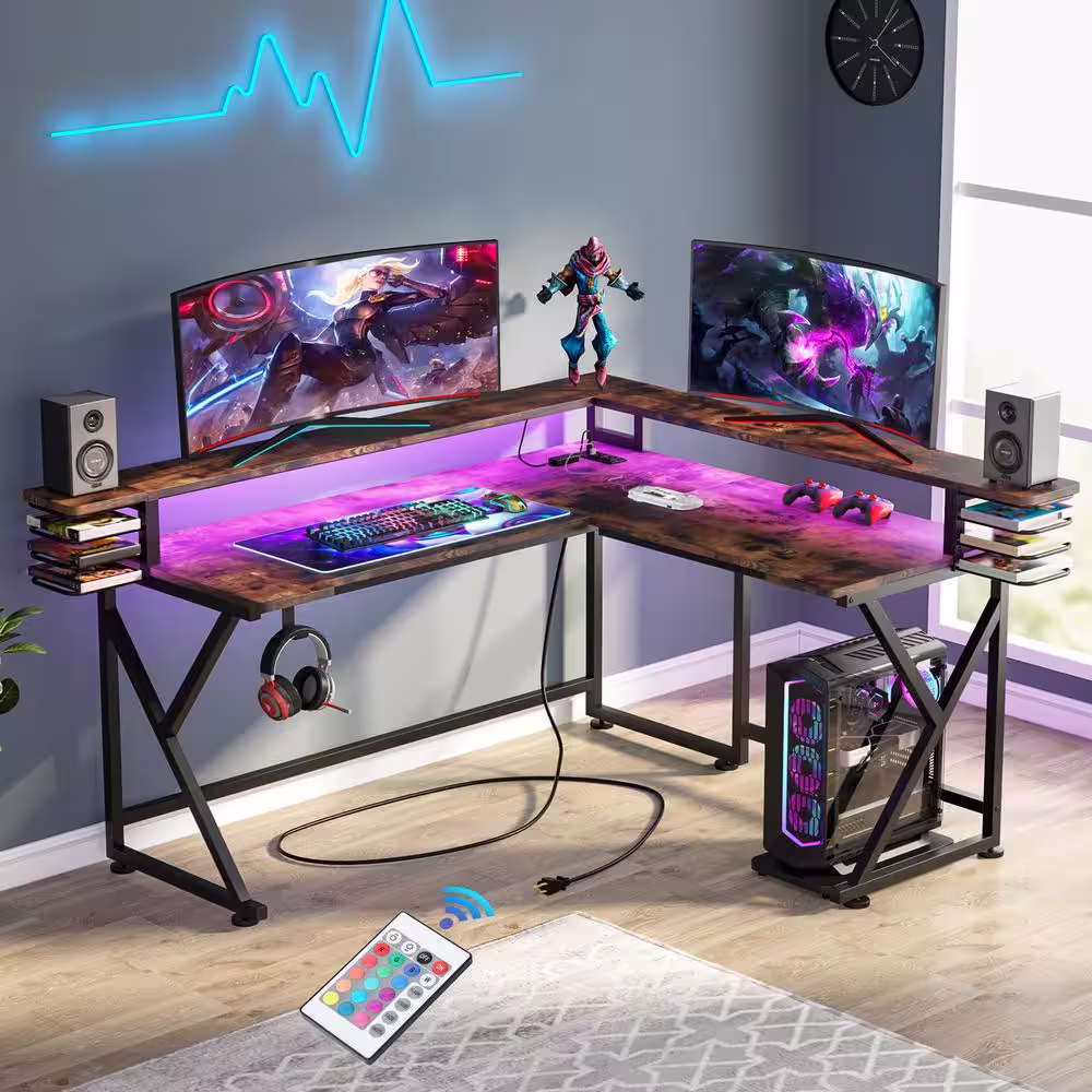 None Havrvin 57 in. L Shaped Brown Wood Gaming Desk with Led Lights and Power Outlet, Corner Computer Desk Gaming Table Gamer