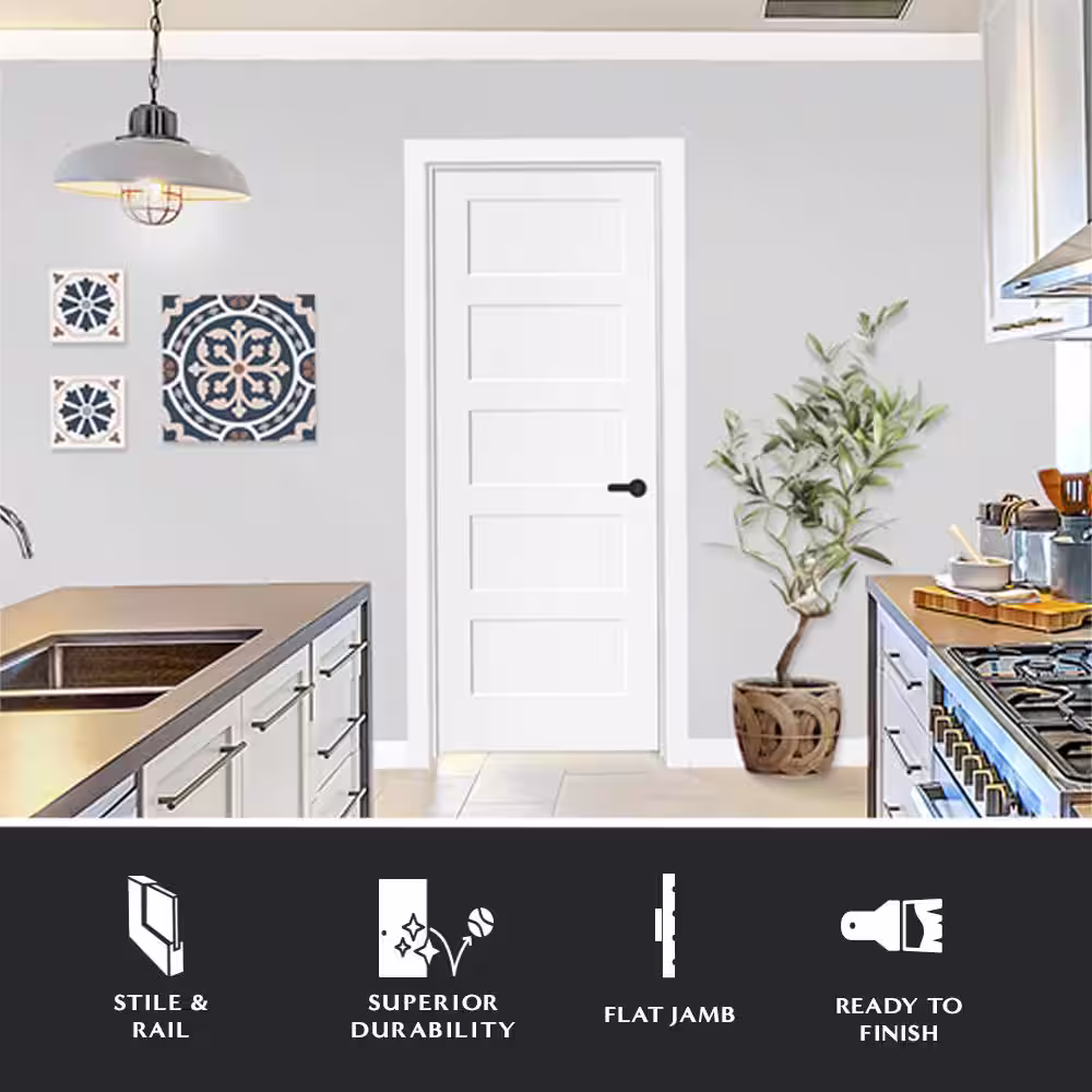 Steves & Sons 36 in. x 80 in. 5-Panel Shaker White Primed Left Hand Solid Core Wood Single Prehung Interior Door with Nickel Hinges